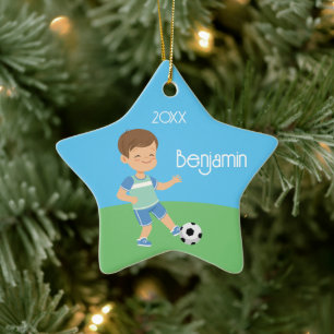 Cute Brunette Boy Soccer Personalized Christmas Ceramic Ornament