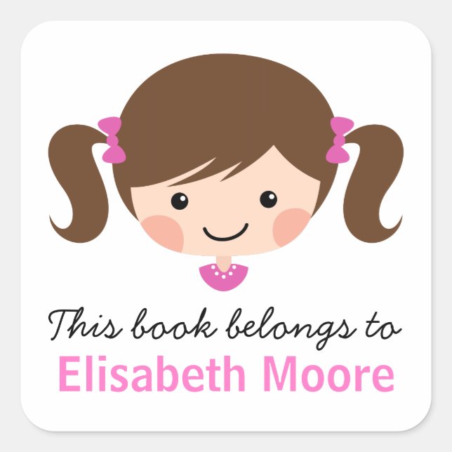 Cute brunette cartoon girl personalized bookplate square sticker (Front)