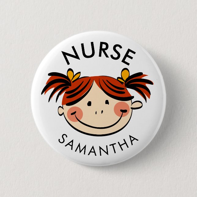 Cute Brunette Cartoon Nurse Name 2 Inch Round Button (Front)