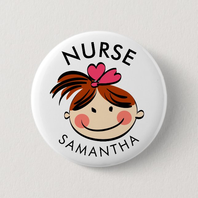 Cute Brunette Cartoon Nurse Name 2 Inch Round Button (Front)