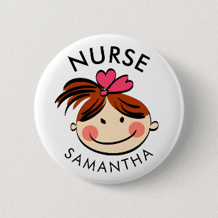 Cute Brunette Cartoon Nurse Name 2 Inch Round Button