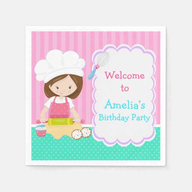 Cute Brunette Girl Baking Birthday Party Napkin (Front)