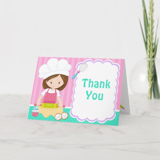 Cute Brunette Girl Baking Birthday Party Thank You Card (Front)