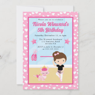 Cute Brunette Girl Ballerina Kids Birthday  Invitation