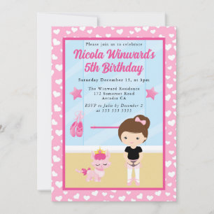 Cute Brunette Girl Ballerina Kids Birthday  Invitation