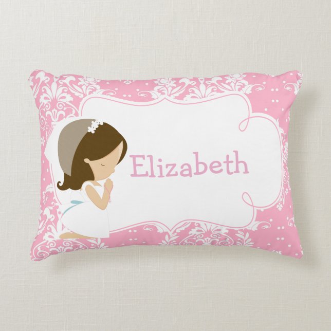 Cute Brunette Girl Praying and Poem Accent Pillow (Front)
