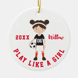 Cute Brunette Girl Soccer Personalized Christmas C Ceramic Ornament