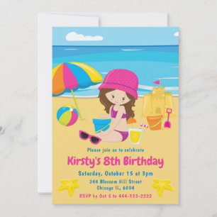 Cute Brunette Girl Summer Beach Birthday Invitation