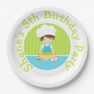 Cute Brunette Hair Boy Baking Birthday Party Paper Plate