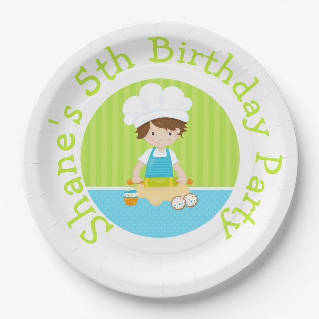 Cute Brunette Hair Boy Baking Birthday Party Paper Plate (Front)
