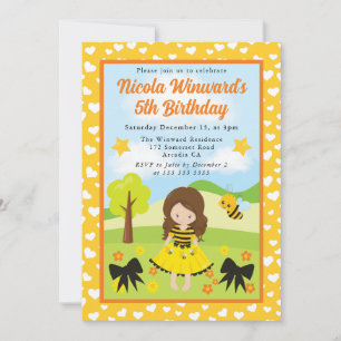 Cute Brunette Haired Bee Dress Girl Kids Birthday  Invitation