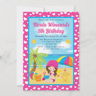 Cute Brunette Haired Girl Beach Kids Birthday Invitation
