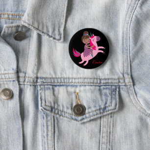 Cute Brunette Haired Girl Riding on a Unicorn 2 Inch Round Button