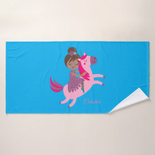 Cute Brunette Haired Girl Riding on a Unicorn Bath Towel