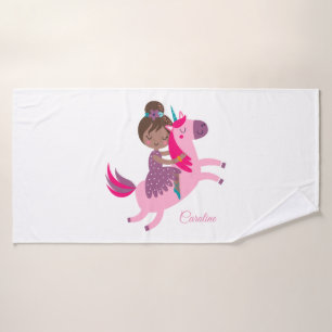 Cute Brunette Haired Girl Riding on a Unicorn Bath Towel