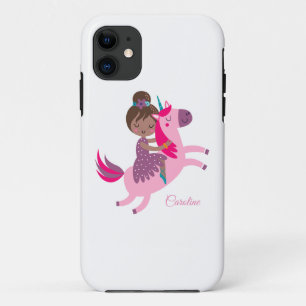 Cute Brunette Haired Girl Riding on a Unicorn iPhone 11 Case