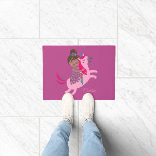 Cute Brunette Haired Girl Riding on a Unicorn Doormat