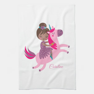 Cute Brunette Haired Girl Riding on a Unicorn Kitchen Towel