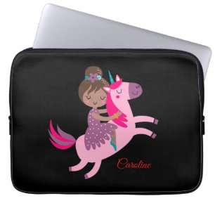 Cute Brunette Haired Girl Riding on a Unicorn Laptop Sleeve