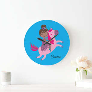 Cute Brunette Haired Girl Riding on a Unicorn Large Clock