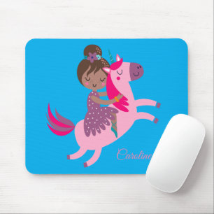 Cute Brunette Haired Girl Riding on a Unicorn Mouse Pad
