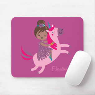 Cute Brunette Haired Girl Riding on a Unicorn Mouse Pad