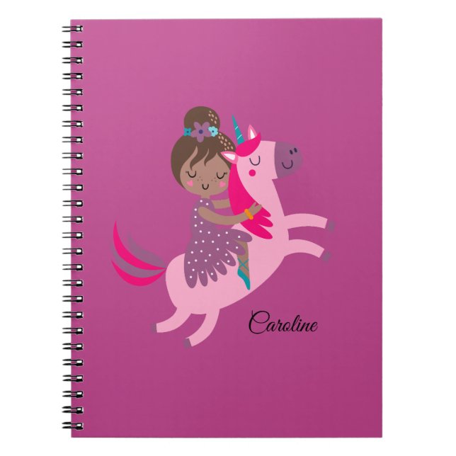 Cute Brunette Haired Girl Riding on a Unicorn Notebook (Front)