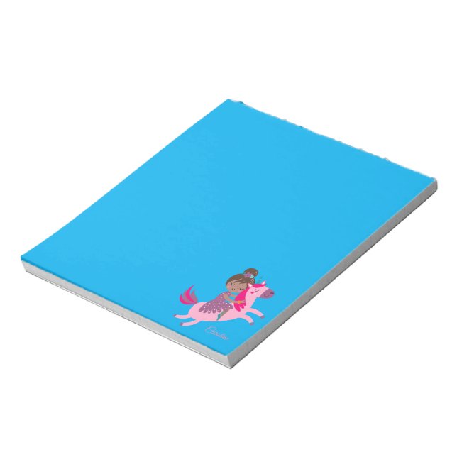 Cute Brunette Haired Girl Riding on a Unicorn Notepad (Rotated)