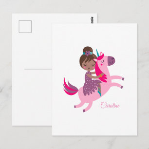 Cute Brunette Haired Girl Riding on a Unicorn Postcard