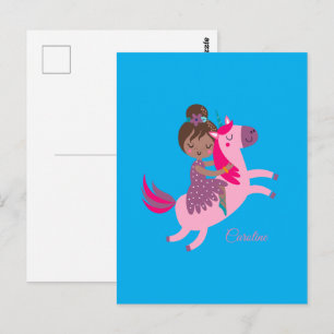 Cute Brunette Haired Girl Riding on a Unicorn Postcard