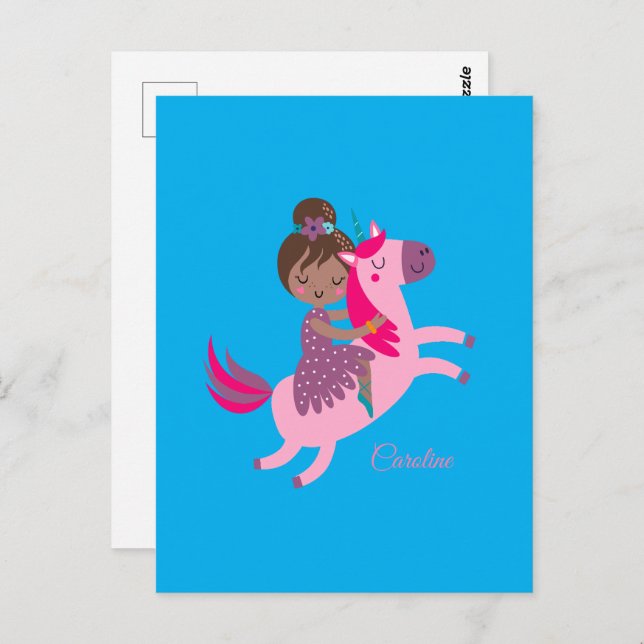 Cute Brunette Haired Girl Riding on a Unicorn Postcard (Front/Back)