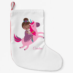 Cute Brunette Haired Girl Riding on a Unicorn Small Christmas Stocking