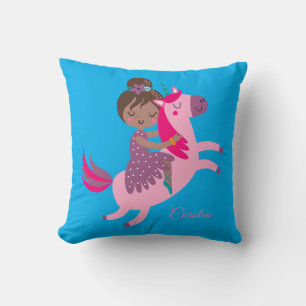 Cute Brunette Haired Girl Riding on a Unicorn Thro Throw Pillow
