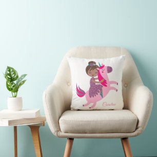Cute Brunette Haired Girl Riding on a Unicorn Throw Pillow