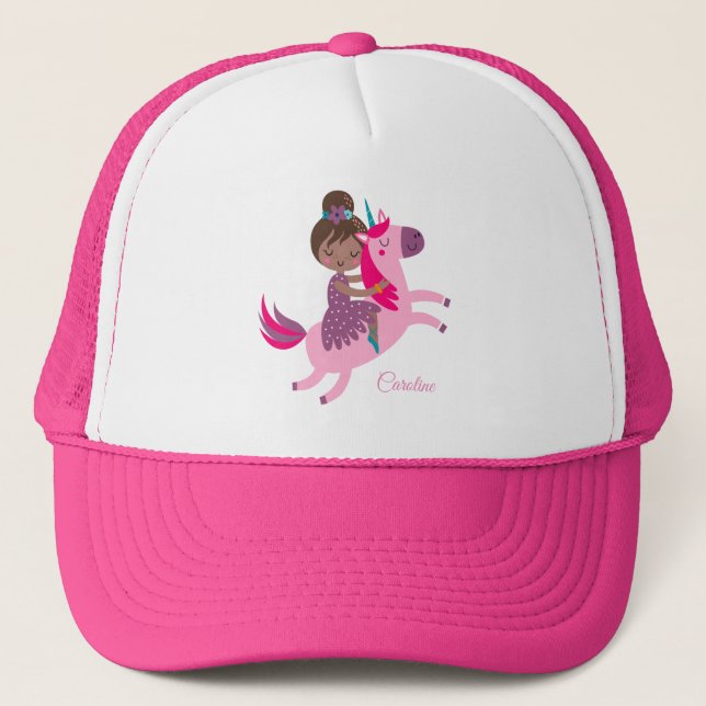 Cute Brunette Haired Girl Riding on a Unicorn Trucker Hat (Front)