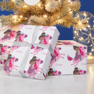 Cute Brunette Haired Girl Riding on a Unicorn Wrapping Paper