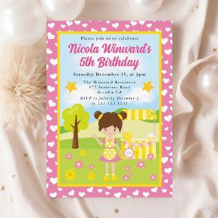 Cute Brunette Lemonade Girl Kids Birthday  Invitation
