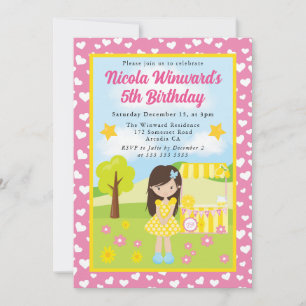 Cute Brunette Lemonade Girl Kids Birthday Invitation