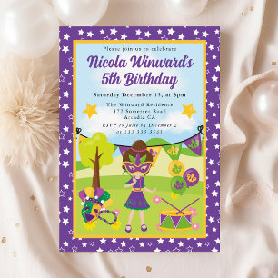 Cute Brunette Mardi Gras Girl Kids Birthday  Invitation