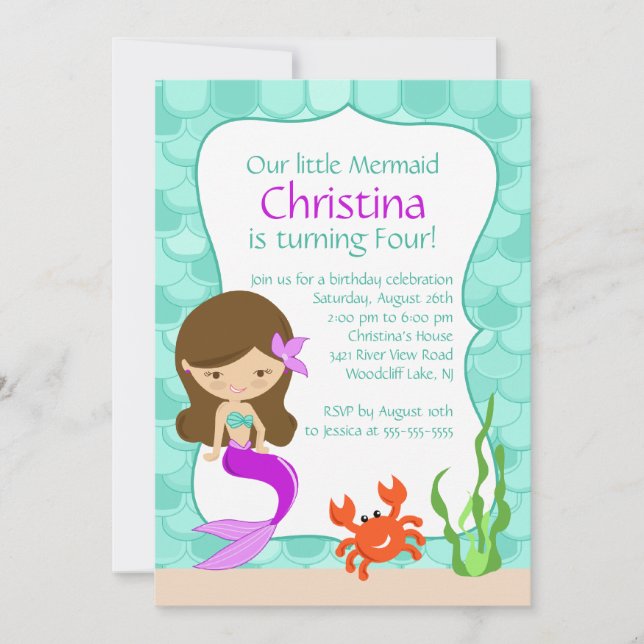 Cute Brunette Mermaid Birthday Invitation (Front)