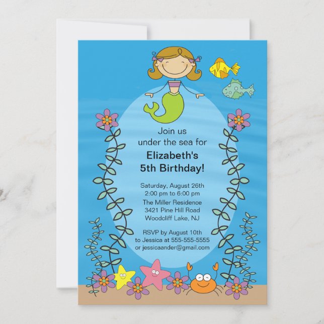 Cute Brunette Mermaid Birthday Invitation (Front)