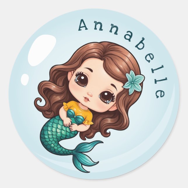 Cute Brunette Mermaid in a Bubble Personalize Classic Round Sticker (Front)