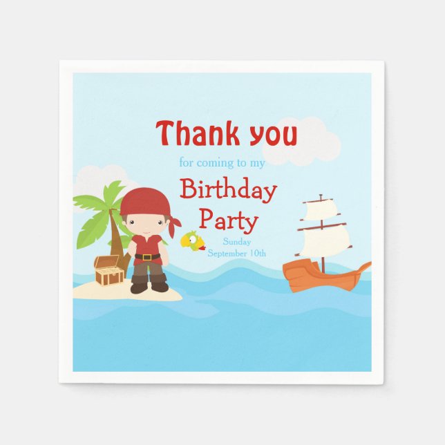 Cute Brunette Pirate Boy in Red Birthday Napkin (Front)