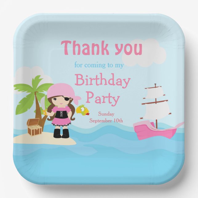 Cute Brunette Pirate Girl in Pink Birthday Party Paper Plate (Front)