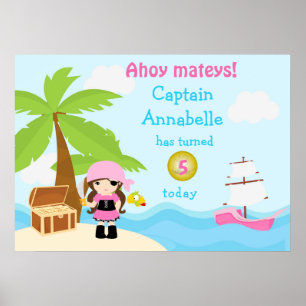 Cute Brunette Pirate Girl in Pink Birthday Poster