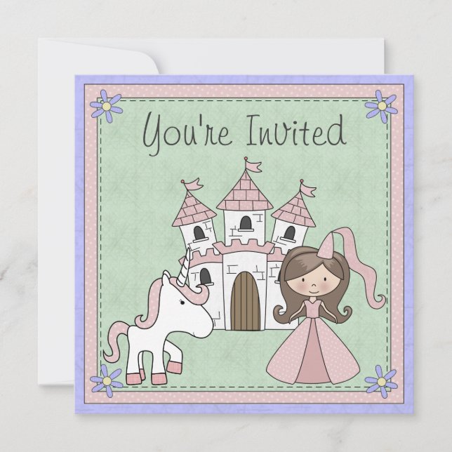 Cute Brunette Princess and Unicorn Birthday Invite (Front)
