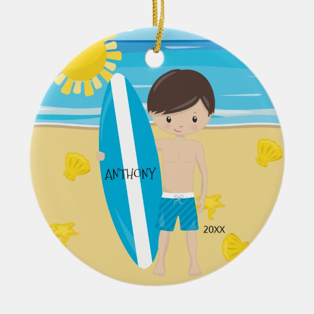 Cute Brunette Surfer Boy Personalized Christmas Ceramic Ornament (Front)