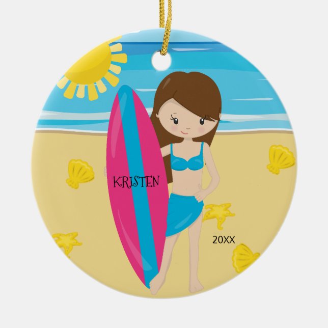 Cute Brunette Surfer Girl Personalized Christmas Ceramic Ornament (Front)