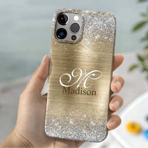 Cute brushed gold faux silver glitter monogram iPhone 14 case