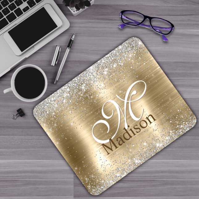 Cute brushed gold faux silver glitter monogram mouse pad (Creator Uploaded)